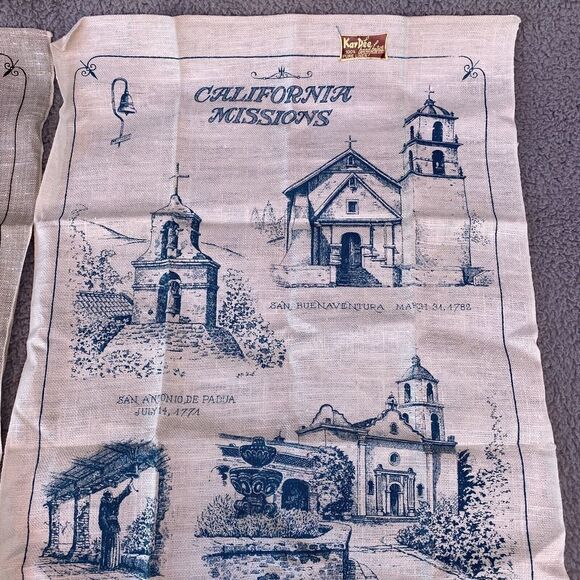 2 Vtg Kay Dee HandPrints California Missions 100% Pure Linen Kitchen Tea Towels - Picture 5 of 16